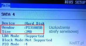 Uszkodzonona strefa serwisowa dysku SSD